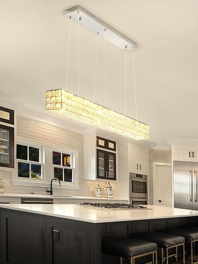 ykolupty W48 Modern Rectangular Crystal Chandeliers Dining Room Chandelier,Silver Pendant Light Fixture with Remote Control for Living Room Kitchen Island