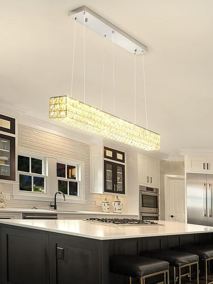 ykolupty W48 Modern Rectangular Crystal Chandeliers Dining Room Chandelier,Silver Pendant Light Fixture with Remote Control for Living Room Kitchen Island