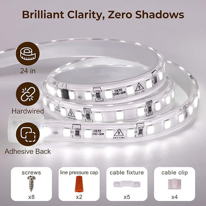 cambk Hardwired Under Cabinet Lighting for Kitchen,24inch120V Wired Undercounter Led Strip Lights 6000K White Waterproof, Luces para Cocina Bajo Gabinete Under Shelf Lights for Sink/Workbench