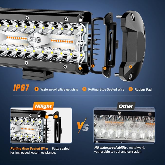 Nilight 20Inch 420W LED Light Bar Spot Flood Amber White Strobe 6 Modes with Memory Function Off-Road Truck Car ATV SUV Cabin Boat with 16AWG Wiring Harness Kit-1 Lead