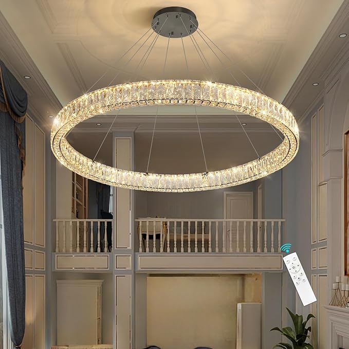 HAIXIANG Modern Crystal Chandelier Dimmable Large Ring LED Pendant Lights Adjustable Glam Chandeliers Lighting Fixtures for Dining Room Living Room Bedroom Black Light