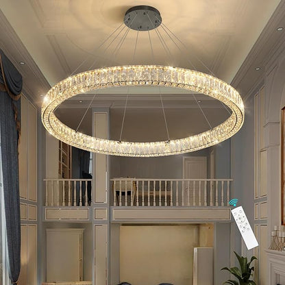 HAIXIANG Modern Crystal Chandelier Dimmable Large Ring LED Pendant Lights Adjustable Glam Chandeliers Lighting Fixtures for Dining Room Living Room Bedroom Black Light