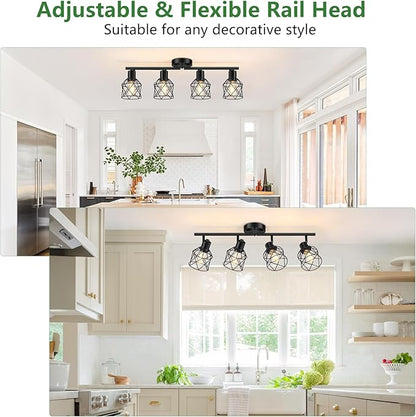 Baocuz 4-Lights Semi Flush Mount Ceiling Light, Adjustable Multi-Directional Light Fixtures, Rotatable Farmhouse Light Fixtures Mount with Metal Cage for Dining Room, Living Room