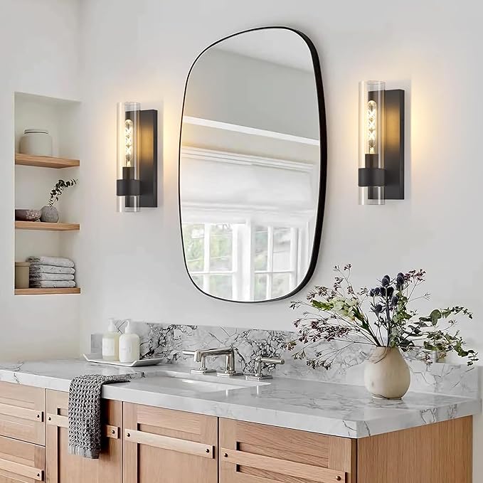 Black Wall Sconces Set of 2, Modern Bathroom Sconces Wall Lighting Vanity Light Fixtures with Clear Glass, Bathroom Sconces Set of 2, Indoor Wall Sconce for Bathroom Living Room Bedroom