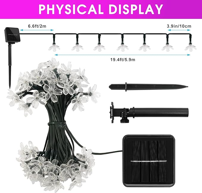 60 LED Solar String Lights Outdoor Waterproof Flower Fairy Lights for Garden Fence Patio Yard Christmas Tree Lawn Wedding Party Decor, Pink