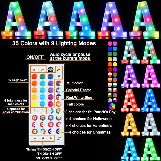 Pooqla Colorful Light Up Letters with Remote, Upgraded 35 Colors LED Marquee Letters, RGB Lighted Letter for Girls Teenager Gift, Birthday, Party, Wedding, Night Light, Room, Bedroom Decor, Letter O