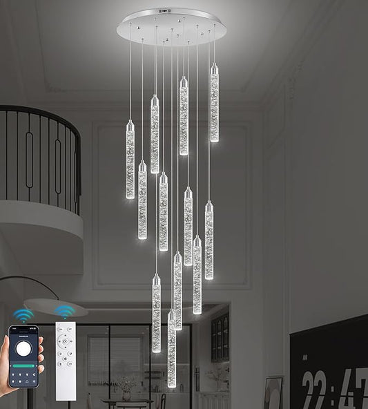 Crystal Staircase Chandelier, Modern Chrome Large Spiral Dimmable LED Cluster Raindrop Foyer Chandelier Lighting, Bubble Living Room Hanging Light Fixture 12 Light Remote Control