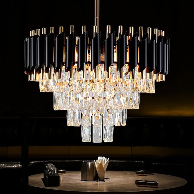 Modern Crystal Chandelier 5-Lights Black and Gold Chandelier for Dining Room Light Fixture 4-Tier Round Pendant Flush Mount Chandeliers Ceiling Lighting for Living Room Kitchen Bedroom Foyer