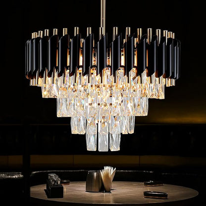 Modern Crystal Chandelier 5-Lights Black and Gold Chandelier for Dining Room Light Fixture 4-Tier Round Pendant Flush Mount Chandeliers Ceiling Lighting for Living Room Kitchen Bedroom Foyer
