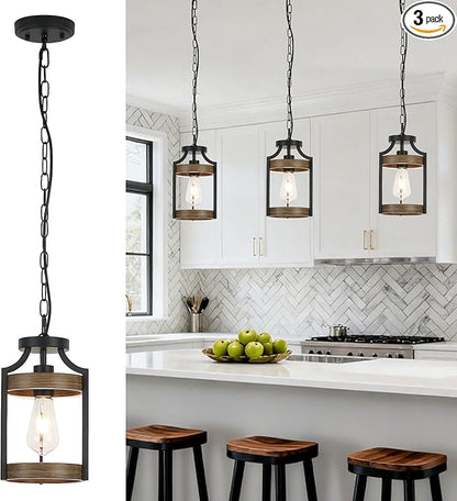 Farmhouse Pendant Light, Rustic Wood Metal Light Fixtures with Adjustable Hanging Chain, Small Pendant Lighting for Kitchen Island, Dining Room, Entryway, Cafe & Bar, 3 Pack
