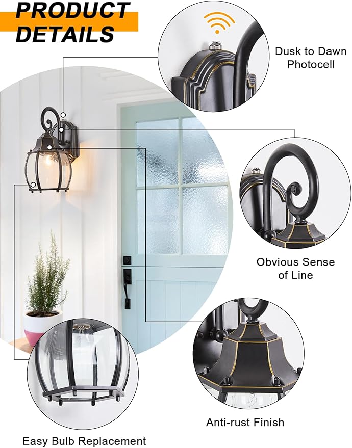 Dusk to Dawn Outdoor Wall Light Vintage Wall Lamp Outside with IP65 Sensor Exterior Light Fixtures Wall Mount Porch Light E26 Exterior Wall Sconces in Black with Gold Rim for House 2-Pack