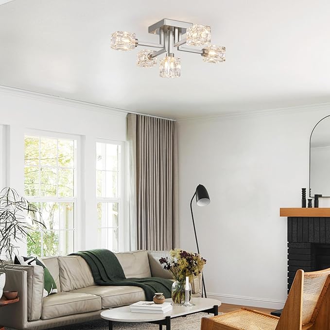 XINGQI Modern Sputnik Chandeliers Brushed Nickel Semi Flush Mount Ceiling Light Fixture 5-Light for Dining Room Living Room Kitchen Bedroom Entryway