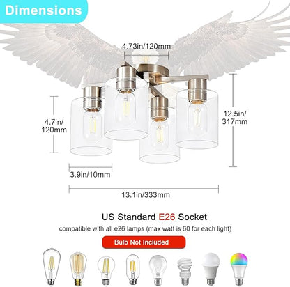 YYT Kitchen Lighting Fixtures Ceiling, Semi Flush Mount Ceiling Light, Brushed Nickel Cieling Lights Fixture, 4 Light Kitchen Light fixtures with Glass Shade for Bedroom Dining Room