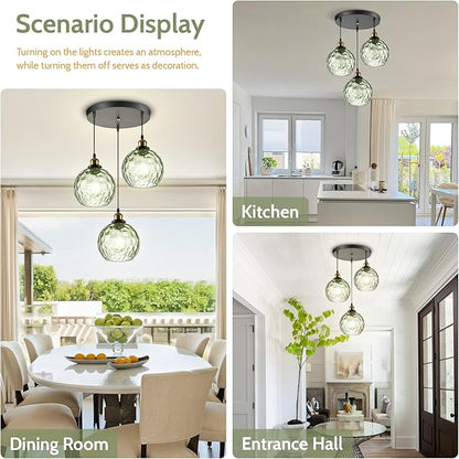 3-Light Pendant Lighting Green Hammered Glass Kitchen Light Fixtures Ceiling Hanging Kitchen Lights Over Island Mid Century Modern Globe Cluster Chandelier Black and Gold for Dining Room