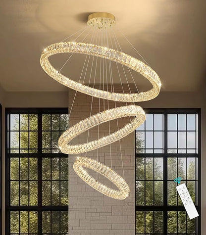 HAIXIANG Large Glam Chandelier Crystal LED 3 Rings Chandeliers Adjustable Hanging Ceiling Pendant Lights Fixture Gold 24"+32"+40" Ring Lighting for Living Room Foyer Entryway High Ceiling