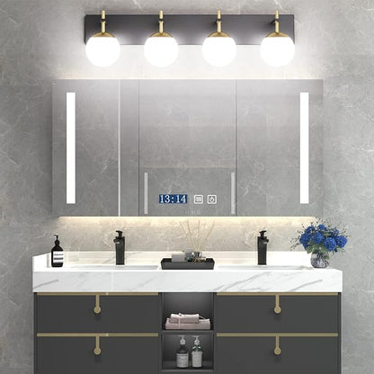 Ralbay Mid Century Modern Vanity Lights - 4-Light Milky Glass Globe Modern Bathroom Vanity Lights Over Mirror, Black/Golden Bathroom Wall Light Fixture