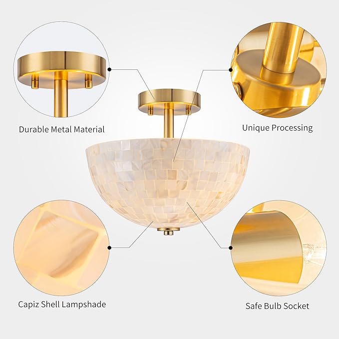 D12inch Bowl Capiz Shell Ceiling Light, 2-Light Coastal Style Light Fixture for Dining Room, Living Room & Bedroom, D12 x H14 inch, Shell Lampshade & Brass Finish Frame