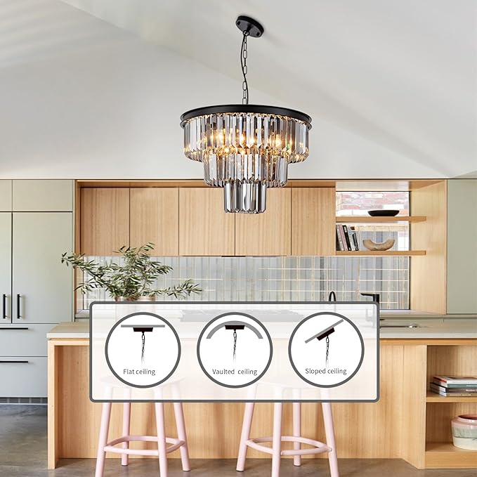 8 Light Black Crystal Chandelier 20'' Luxury Smoke Modern Dining Room Light Fixture 3-Tier Round Hanging Pendant Ceiling Lighting for Entryway Foyer Living Room Adjustable Height E12