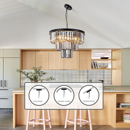 8 Light Black Crystal Chandelier 20'' Luxury Smoke Modern Dining Room Light Fixture 3-Tier Round Hanging Pendant Ceiling Lighting for Entryway Foyer Living Room Adjustable Height E12