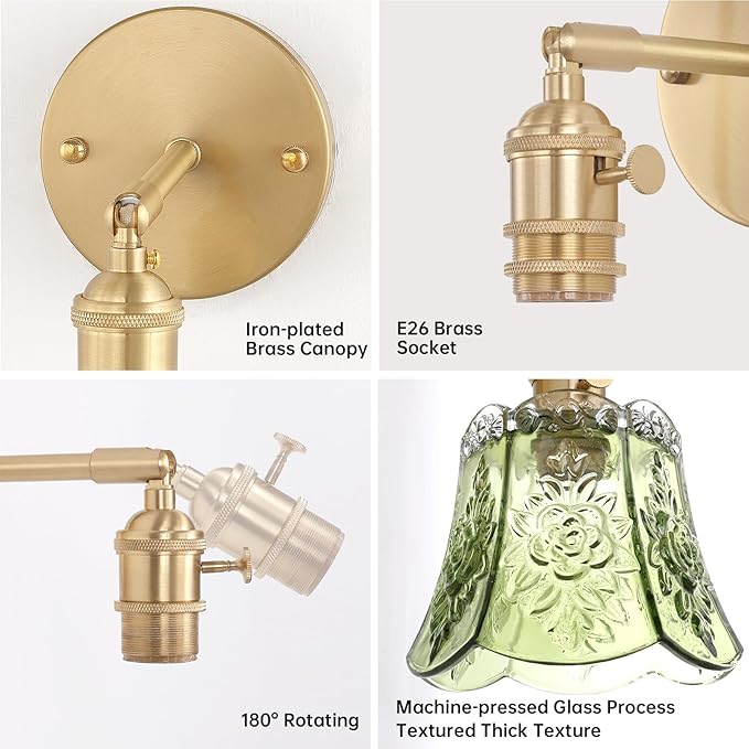 Shenmoyl Vintage Battery Operated Wall Sconces Set of Two, Wireless Battery Powered Rose Wall Sconce with Remote Control, RGB Dimmable LED Wall Light for Bedside Bathroom Living Room (Green)
