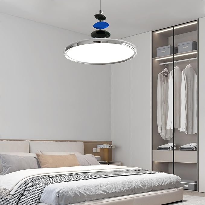 Mikeru Modern Pendant Lights, 15.8" Chrome Pendant Lighting Fixture with Remote Control Dimmable 3 Color Mode & Brightness Mid Century Island Light for Dining Room, Kitchen, Living Room