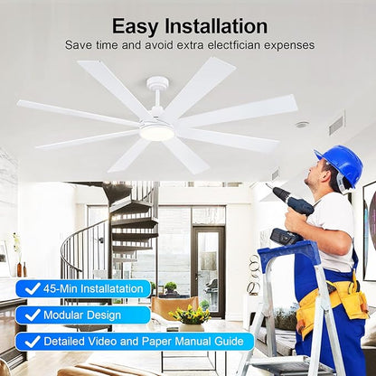 BayDay Farmhouse Rustic Ceiling Fans with Lights and Remote, Bedroom Living Room Kitchen Fans Ceiling with Light Chandier (White, 72 inch)