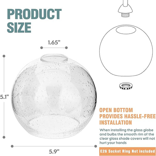 3 Pack Clear Seeded Glass Shade Replacements, Globe Glass Lamp Shade Covers for Light Fixtures, 1.65 Inch Fitter Globes Lampshades for Wall Sconces Chandelier Pendant Lights Bath Vanity Lights