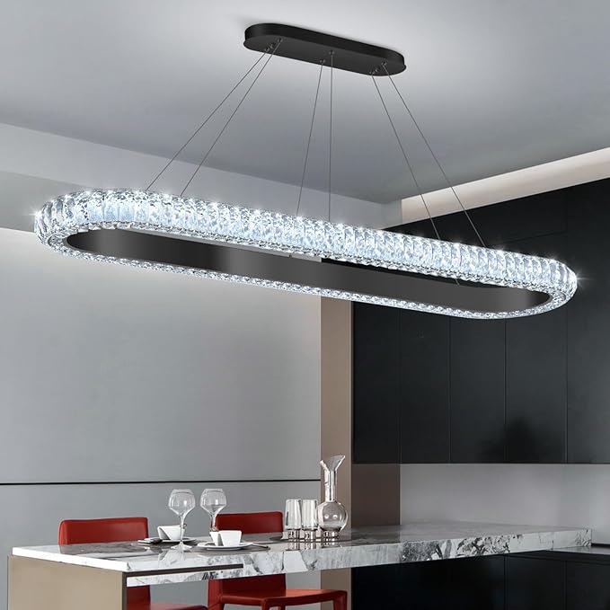 47'' Oval Ring Crystal Chandelier Modern LED Dimmable Ring Pendant Light Chandelier for Dining Room Living Room Black
