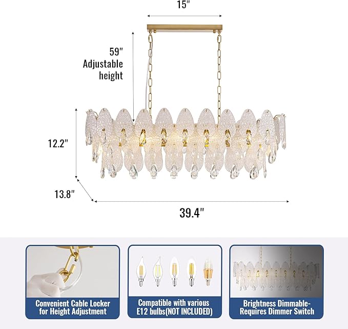 40-inch Gold Rectangle Chandelier for Dining Room,Modern Luxury Chandeliers,Linear Glass Pendant Hanging Lighting Fixture for Kitchen Island,L39.4'' × W13.8'' × H12.2''