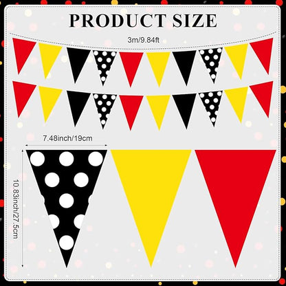 HESTYA 5 Pieces 49 Feet Mouse Pennant Banner Cartoon Party Decorations Cartoon Themed Red Yellow Black White Dot Triangle Flags Bunting Banners for Birthday Wedding Party Decor Indoor Outdoor Supplies