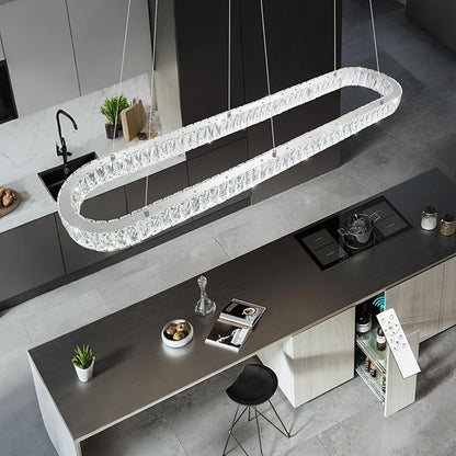 HAIXIANG Crystal 59 Inch Long Chandelier Modern Dimmable LED Chandeliers for Dining Table Pendant Lights Rectangular Glam Lighting Fixtures for Dining Room Kitchen Island Silver