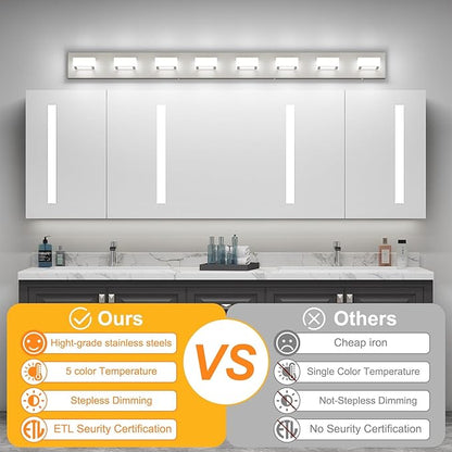 Ralbay 52inch Brushed Nickel Vanity Lights 8 Lights Dimmable 5 Color Temperature Acrylic Modern LED Bathroom Vanity Lighting Fixtures Brushed Nickel