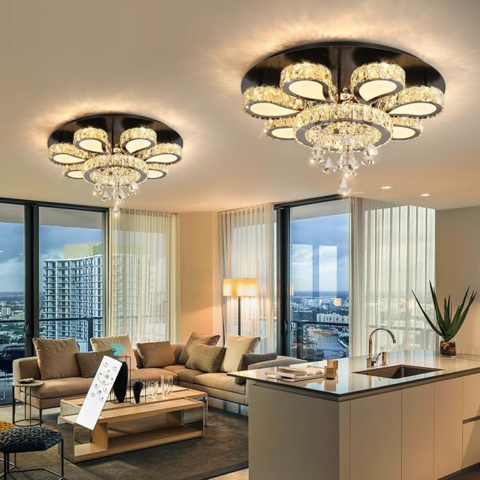 HAIXIANG Glam Crystal Chandelier for Living Room Dining Room Chandeliers Light Fixtures LED Remote Dimmbale Lighting for Dining Room Bedroom Living Room Black 40W LEDs Lights