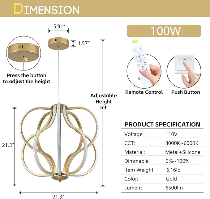 CHYING Modern Gold Chandelier with Remote Control, 10-Light 100W 3-Color Temperature Dimmable LED Chandelier for Living Room, Hanging Adjustable Pendant Light for Dining Room Kitchen Entryway Foyer