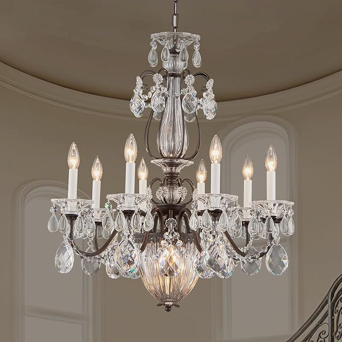 Crystal Chandelier for Dining Room, 8-Light Vintage Brown Chandelier, Pendant Ceiling Light Fixture for Living Room Hallway Entryway Foyer Staircase 30.3" H x 26.8" D