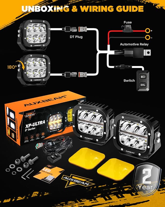 Auxbeam XP-Ultra Series 5 Inch Cube Offroad Lights, Amber DRL Function, Amber White Light Covers, 132W 15600LM Spot Flood Combo, LED Pod Light Bar Off-Road Fog Lights, Pair