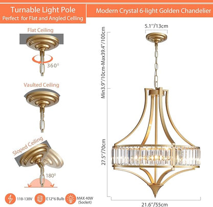 21.6" Gold Crystal Chandeliers Modern Vintage Chandelier with Round Metal Shade Art Deco 6-Light Large Dining Room Light Fixture for Kitchen, Dining Room, Hallway, Bedroom, Foyer
