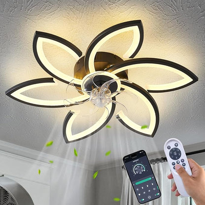 30inch Black Flower Modern CeilingFans with Lights, Low Profile Ceiling Fan with Remote for bedroom, Flush Mount Ceiling Fan with LED Dimmable Light,6-Speeds, Timing Ceiling Fan Light