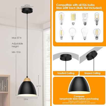 3 Pack Pendant Lights for Kitchen Island, 5.9" Cone Metal Shade Adjustable Height Black Small Hanging Lamps for Dining Room Light Fixtures Over Table Modern Ceiling Fixture