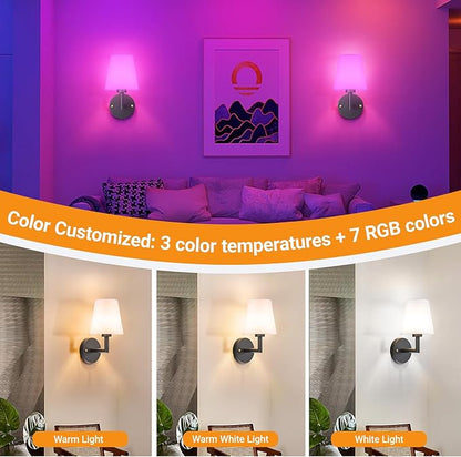 Nekhung Battery Operated Wall Sconces Set of 2, Wireless Wall Light with 10000mAh RGB Dimmable Magnetic Bulb, Rechargeable Wall Sconce with Remote Control for Bedroom Living Room