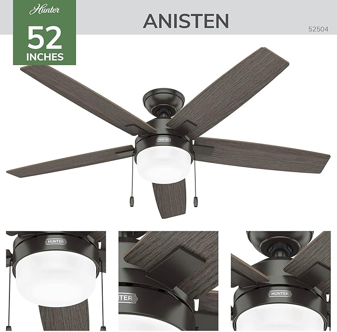 Hunter Ceiling Fan with LED Light - Black Ceiling Fan with Pull Chain, For Bedroom or Living Room, Standard Mount, No Remote, 5 Blades, Includes Bulbs - Anisten (Noble Bronze, 52 inch)