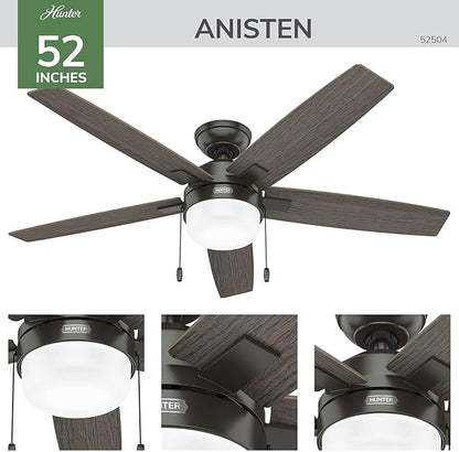 Hunter Ceiling Fan with LED Light - Black Ceiling Fan with Pull Chain, For Bedroom or Living Room, Standard Mount, No Remote, 5 Blades, Includes Bulbs - Anisten (Noble Bronze, 52 inch)