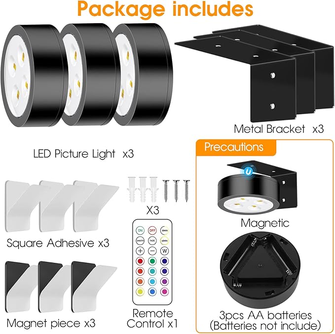 RGB Picture Light Battery Operated Painting Lights for Wall Wireless Magnetic Display Art Light with Remote Controls,Dimmable&Timer for Art Frame Artworking,3Pack Black