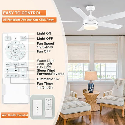 YUHAO 52 Inch White Ceiling Fan with Light and Remote Control.Noiseless,Dimmable,3CCT,6 Speeds Reversible, DC Ceiling Fans for Indoor or Covered Outdoor Use.ETL Listed