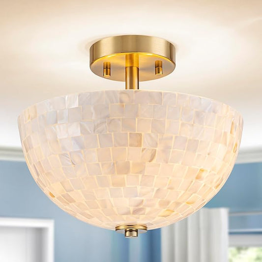D12inch Bowl Capiz Shell Ceiling Light, 2-Light Coastal Style Light Fixture for Dining Room, Living Room & Bedroom, D12 x H14 inch, Shell Lampshade & Brass Finish Frame