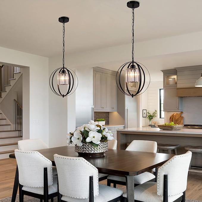 FRIXCHUR Farmhouse Chandelier Crystal Pendant Light Adjustable Hanging Light Fixtures Orb Globe Chandeliers for Kitchen Island Dining Room Foyer Bedroom (Black)