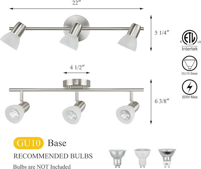 XiNBEi Lighting Track Light, 3 Light Kitchen Ceiling Light with Glass, Modern Fixed Rail Lighting Brushed Nickel XB-TR1237-3-BN