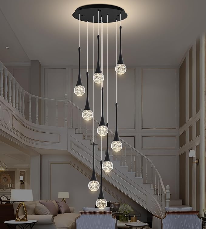 Modern Black Crystal Chandelier for High Ceiling 9-Lights, 99 Inches Luxury Spiral Dimmable LED Bubble Raindrop Pendant Lighting Fixture for Staircase Foyer Entryway Living Room