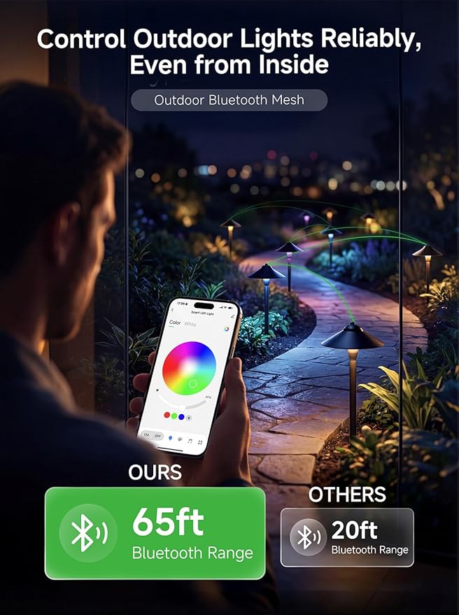 RGBCW Smart Low Voltage Path Light, 12v Black Landscape Lighting with Bluetooth APP Control, Dimmable Warm/Daylight 2700K-6500K G4 Bulb, Large Hat IP65 Waterproof for Walkway Yard 1 Pack