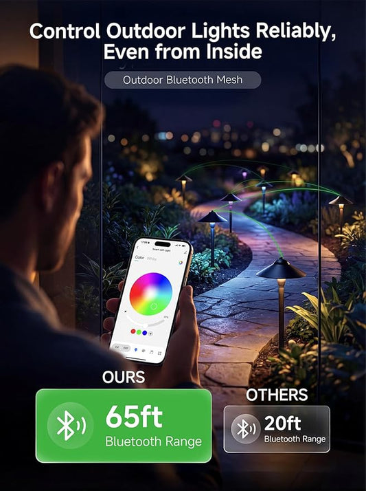 RGBCW Smart Low Voltage Path Light, 12v Black Landscape Lighting with Bluetooth APP Control, Dimmable Warm/Daylight 2700K-6500K G4 Bulb, Large Hat IP65 Waterproof for Walkway Yard 1 Pack